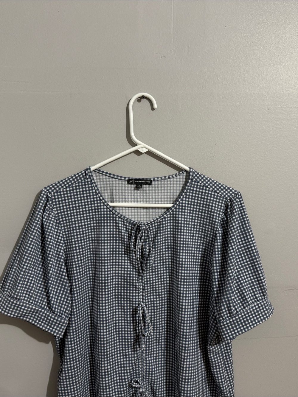 Adrianna Papell Top Womens XL Gingham Tie Front Blouse Short Sleeve Check - Picture 4 of 9